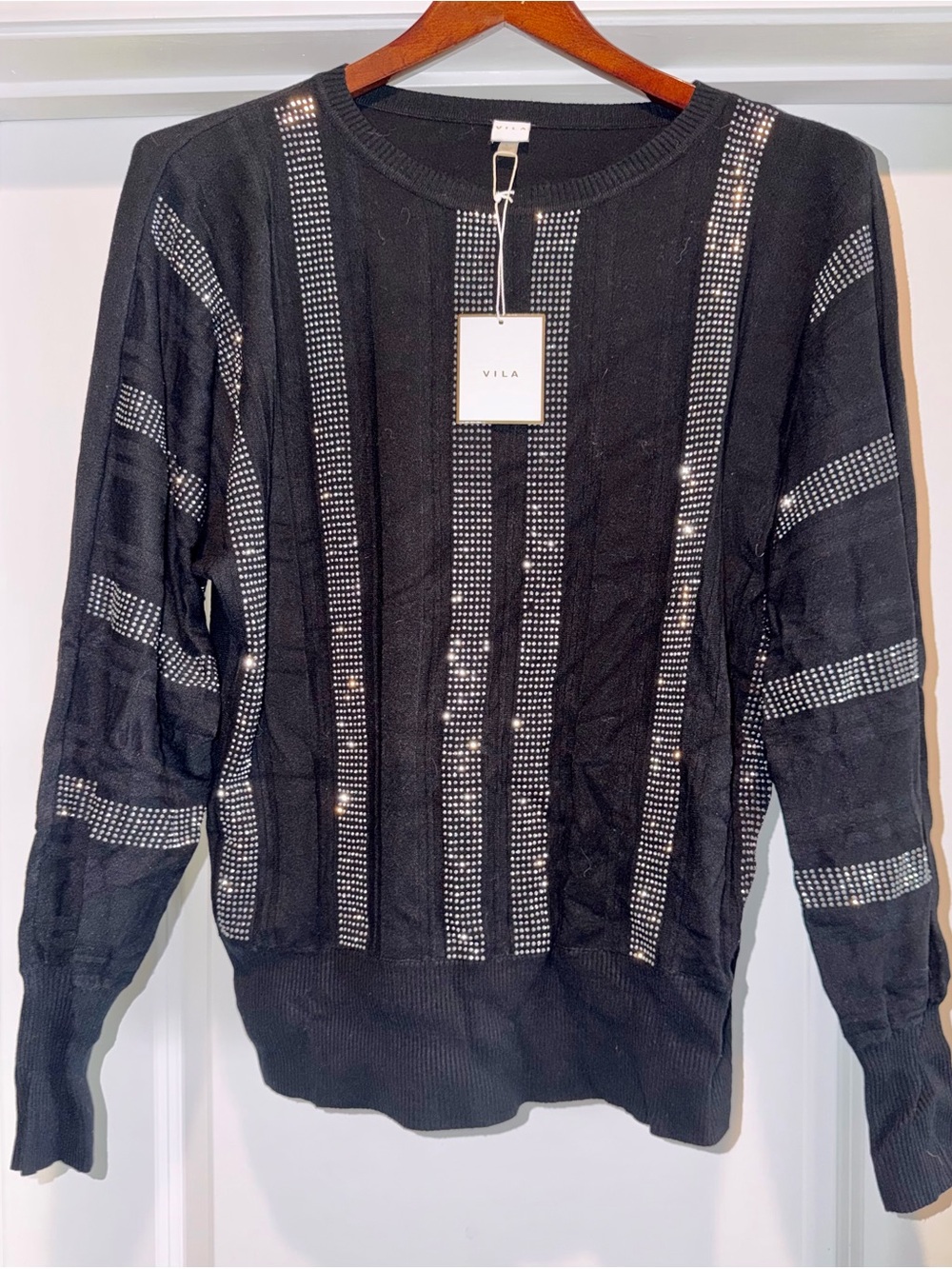 VILA Black Crewneck Sweater with Silver Studded Stripes